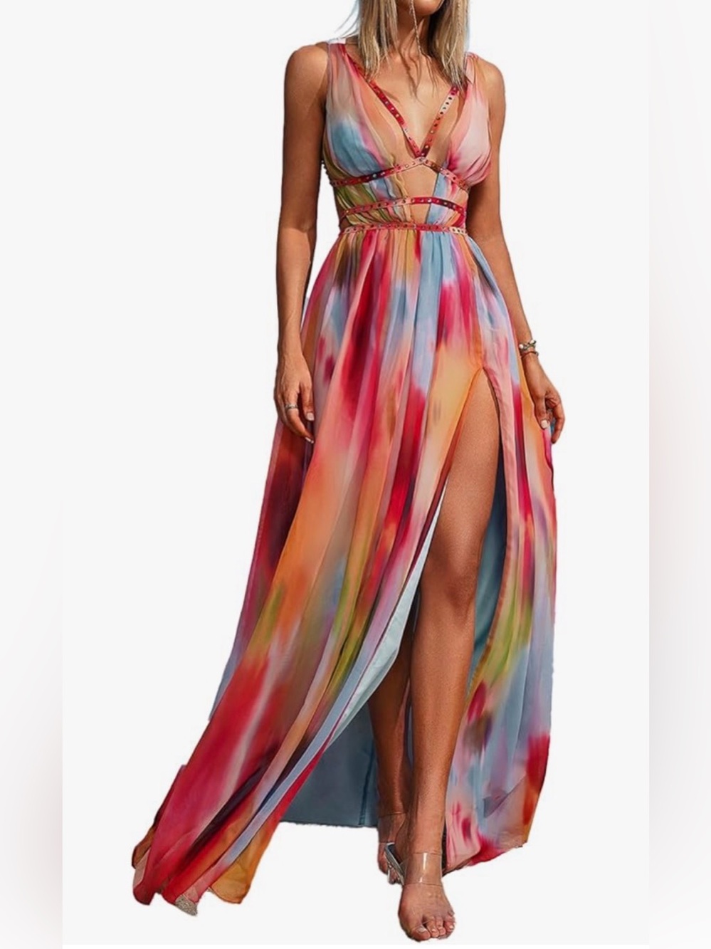 BELLA BARNETT Boho Dress Deep V Chiffon Dress - Size Large